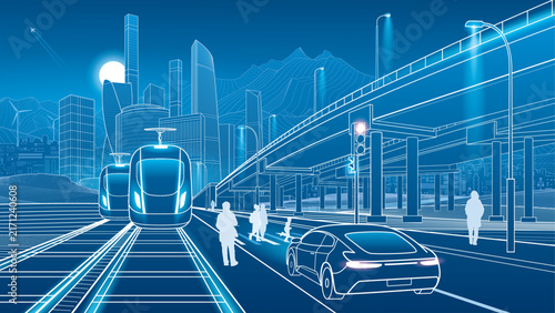 Futuristic smart city with modern trains, electric car, pedestrians and elevated highway infrastructure. Blue technology illustration of urban mobility, public transportation
