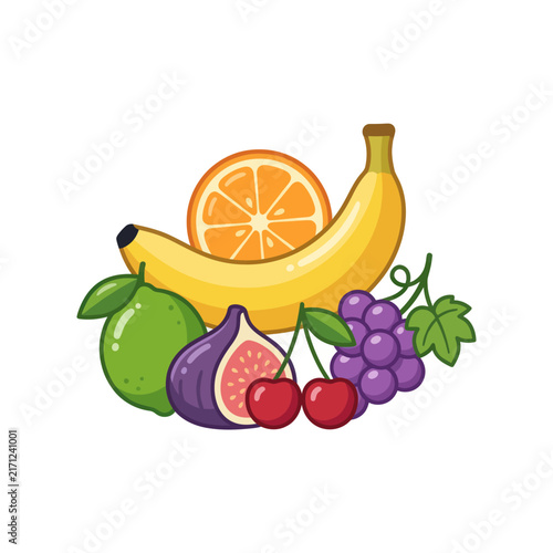 Assorted Fresh Fruits - Banana, Grapes, Fig, Orange, Lime, Cherries