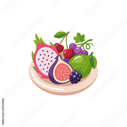 Assorted Fresh Fruit Platter: Dragon Fruit, Fig, Grapes, Cherry, Blackberry, Lime