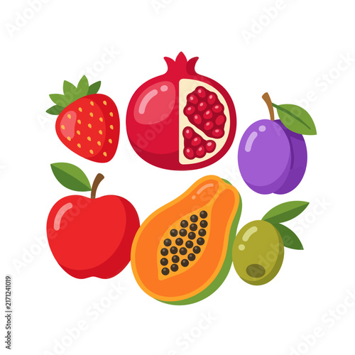 Assorted Fresh Fruits - Strawberry, Pomegranate, Apple, Papaya, Plum, Olive