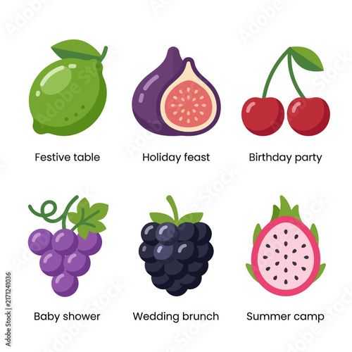 Assorted Fresh Fruits and Berries Icons for Celebrations and Events