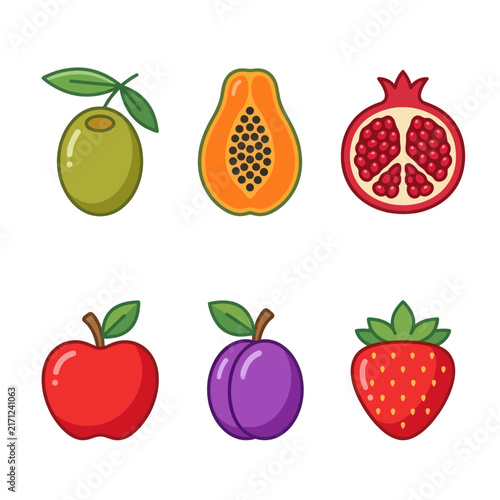 Assorted Fresh Fruits and Olive Icon Set - Healthy Food Vector Illustration