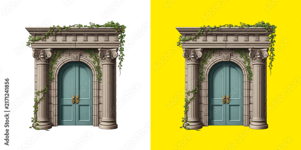 Obraz premium Ancient Stone Roman Portal with Teal Doors and Lush Ivy Vines png