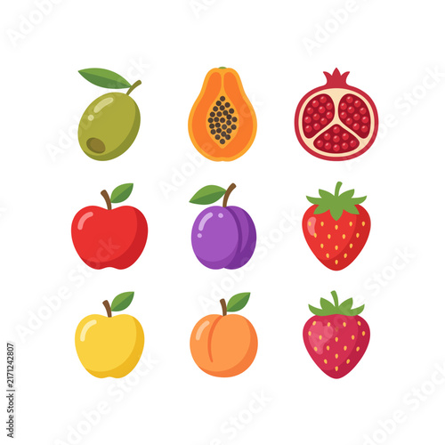 Assorted Fresh Fruits Collection: Apple, Strawberry, Papaya, Pomegranate, Olive, Plum, Peach