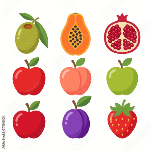 Assorted Fresh Fruits Collection: Apple, Strawberry, Papaya, Pomegranate, Olive
