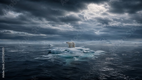 Polar bear standing on an iceberg in a gloomy arctic seascape  