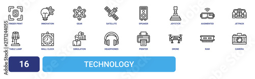 Fotografie Set of 16 outline web Technology icons such as camera, ram, drone, printer, head