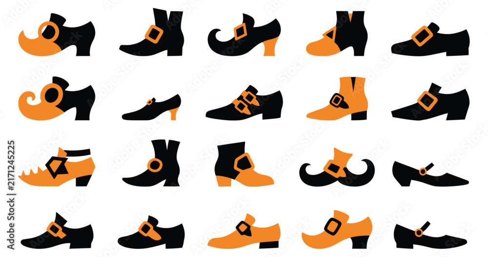 Obraz premium A collection of various vintage style witch shoes and boots isolated on white background for your halloween design projects