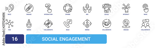 Set of 16 outline web Social Engagement icons such as collaborate, engage, collaborate, merge, buzz, collaborate, merge vector icons for report, presentation, diagram, web design, mobile app
