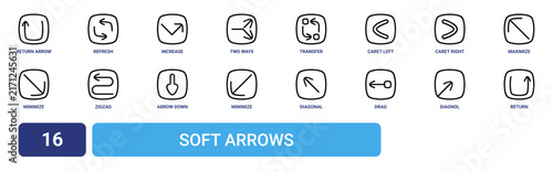 Set of 16 outline web Soft Arrows icons such as return, diagnol, drag, diagonal, minimize, arrow down, zigzag vector icons for report, presentation, diagram, web design, mobile app