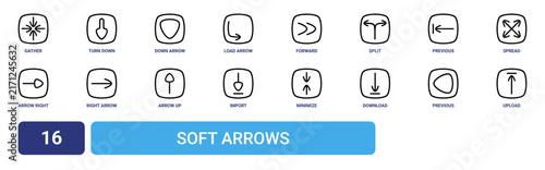 Set of 16 outline web Soft Arrows icons such as upload, previous, download, minimize, import, arrow up, right arrow vector icons for report, presentation, diagram, web design, mobile app