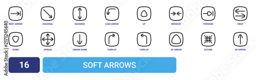 Set of 16 outline web Soft Arrows icons such as up arrow, gather, up arrow, turn up, turn arrow down, spread vector icons for report, presentation, diagram, web design, mobile app