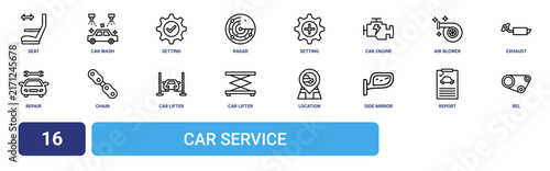 Set of 16 outline web Car Service icons such as bel, report, side mirror, location, car lifter, car lifter, chain vector icons for report, presentation, diagram, web design, mobile app