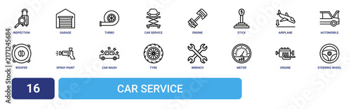 Set of 16 outline web Car Service icons such as steering wheel, engine, meter, wrench, tyre, car wash, spray paint gun vector icons for report, presentation, diagram, web design, mobile app