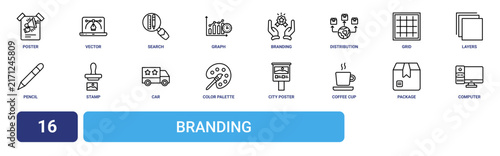 Set of 16 outline web Branding icons such as computer, package, coffee cup, city poster, color palette, car, stamp vector icons for report, presentation, diagram, web design, mobile app