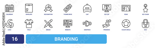 Set of 16 outline web Branding icons such as bag, color circle, presence, graphics, website, brush, polo vector icons for report, presentation, diagram, web design, mobile app