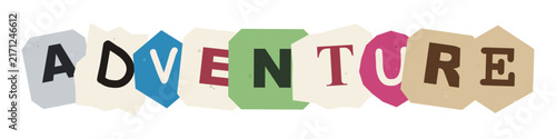 The word adventure spelled out using colorful cut out paper letters in a ransom note style isolated on a plain white background