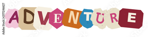 The word adventure spelled out with colorful cut out letters resembling a ransom note style on a clean white background for design