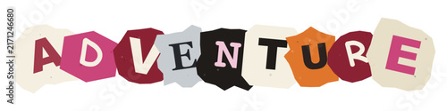 The word adventure spelled out using colorful cut out letters from magazines and newspapers arranged in a creative ransom note style collage design