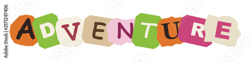 The word adventure written in colorful cutout letters resembling a ransom note style isolated on a plain white background for creative design projects
