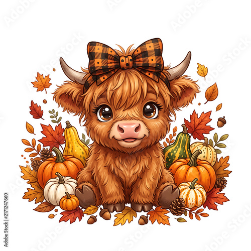 Cute cartoon highland calf with autumn leaves and pumpkins in hand-drawn watercolor style
