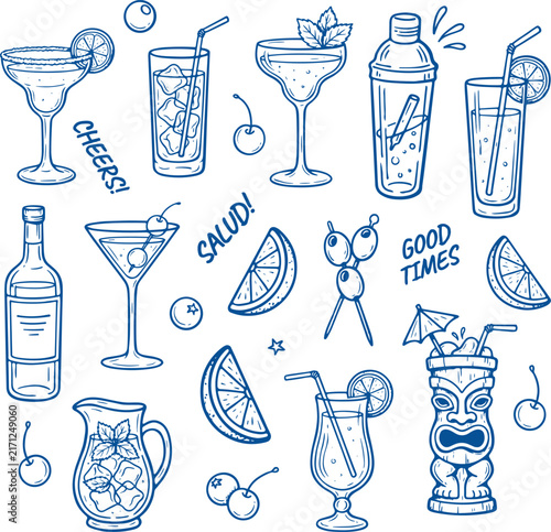 Hand-drawn cocktail icons vector set, blue line art summer drinks collection, tropical tiki bar and martini glass illustrations