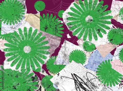 Background illustration of an abstract botanical print featuring vibrant green leaves and geometric shapes