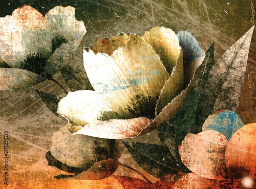 Painted floral artwork surface featuring a delicate flower blossom