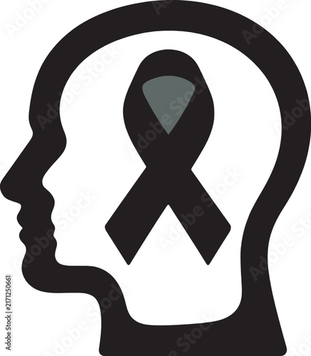 Black Suicide Awareness Ribbon and Human Head Silhouette, Mental Health Support Concept