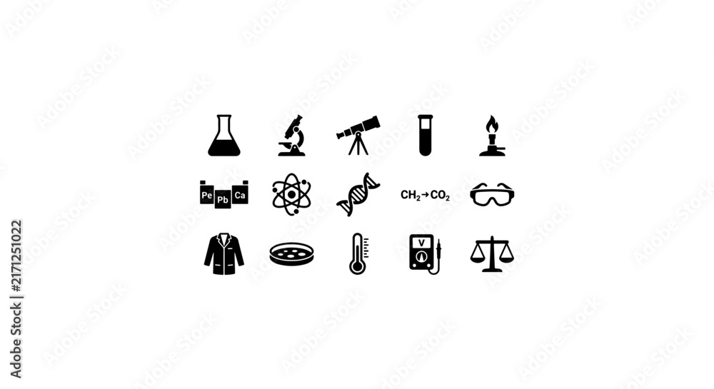 Fototapeta premium Science Icons Set: Chemistry, Biology, Physics, Astronomy, Research, Lab Equipment, Medical Symbols