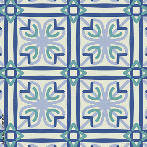 Decorative Blue Geometric Tile Pattern with Symmetrical Floral Motifs and Teal Diamond Elements Seamless Design.
