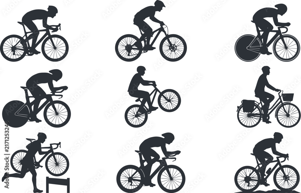 Fototapeta premium Cyclist silhouette collection, 9 bicycle rider vector icons. Professional road cycling and mountain bike racing graphics for sports design.