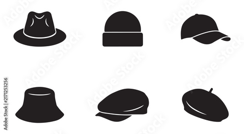 Cuadro en lienzo Set of black hat icons featuring fedora beanie cap bucket newsboy beret styles for apparel design