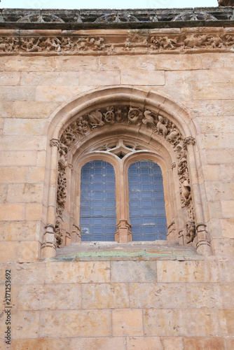 Window with Carved stone details and reliefs of The New Cathedral of Salamanca city