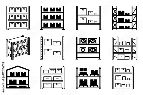 Warehouse shelving rack icons with storage boxes representing logistics, inventory management, distribution center organization, and industrial cargo storage solutions