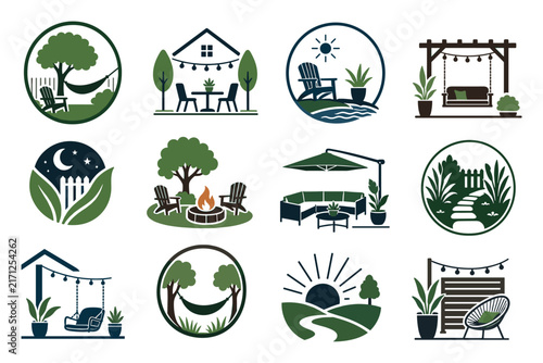 Backyard and patio outdoor living vector icons featuring garden furniture, hammocks, fire pits, pergolas, and landscaping elements for cozy backyard design concepts