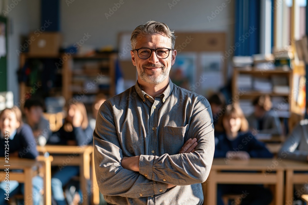 Fototapeta premium Confident Teacher in Classroom with Students
