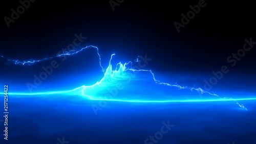 Blue electric wave pulses and moves horizontally with flickering lightning arcs on a dark background. Animated scene combines glowing wave line and electric sparks with light.