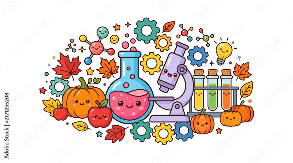 Naklejka premium Science laboratory glassware with microscope and autumn pumpkin theme.