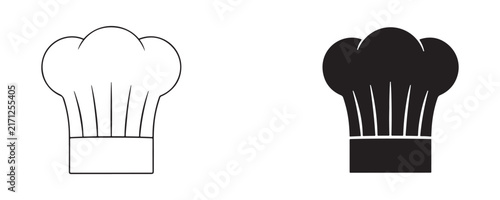 Chef hat icon set with black outline and solid silhouette styles for restaurant branding and menus.
