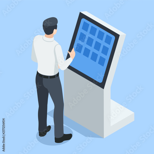 Isometric vector interactive panel and man, in color on a blue background, digital panels and machines