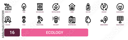 Set of 16 outline web Ecology icons such as solar energy, green energy, ho, shopping bag, eco light, solar panel, plug vector icons for report, presentation, diagram, web design, mobile app