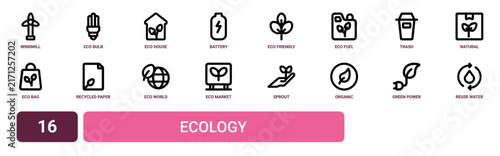 Set of 16 outline web Ecology icons such as reuse water, green power, organic product, sprout, eco market, eco world, recycled paper vector icons for report, presentation, diagram, web design,