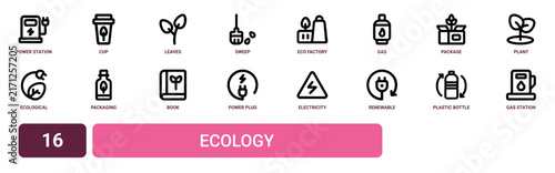 Set of 16 outline web Ecology icons such as gas station, plastic bottle, renewable energy, electricity, power plug, book, packaging vector icons for report, presentation, diagram, web design, mobile