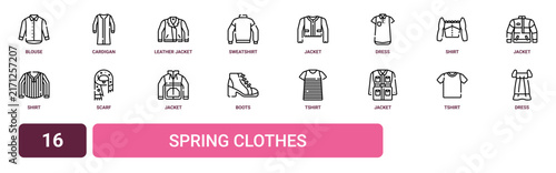 Set of 16 outline web Spring Clothes icons such as dress, tshirt, jacket, tshirt, boots, jacket, scarf vector icons for report, presentation, diagram, web design, mobile app