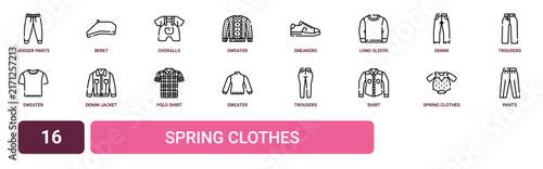 Set of 16 outline web Spring Clothes icons such as pants, from spring clothes collection, shirt, trousers, sweater, polo shirt, denim jacket vector icons for report, presentation, diagram, web