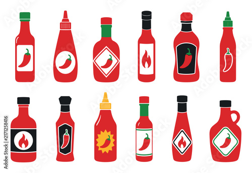 Hot chili sauce bottles vector illustration set featuring various spicy condiment containers with pepper and flame labels for culinary design