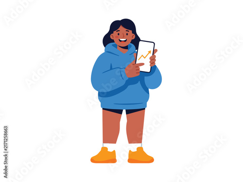 Happy woman checking growth chart on tablet