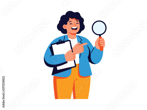 Happy Woman Inspecting Clipboard With Magnifying Glass