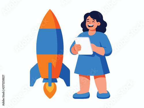 Happy Woman Launching Rocket with Tablet